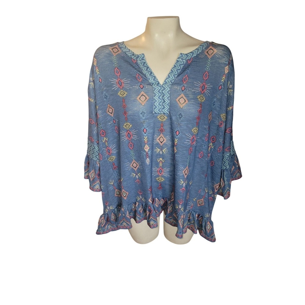 Weekend Suzanne Betro Blue Southwestern Print Ruffle Bell Sleeve Top M NWT comfy